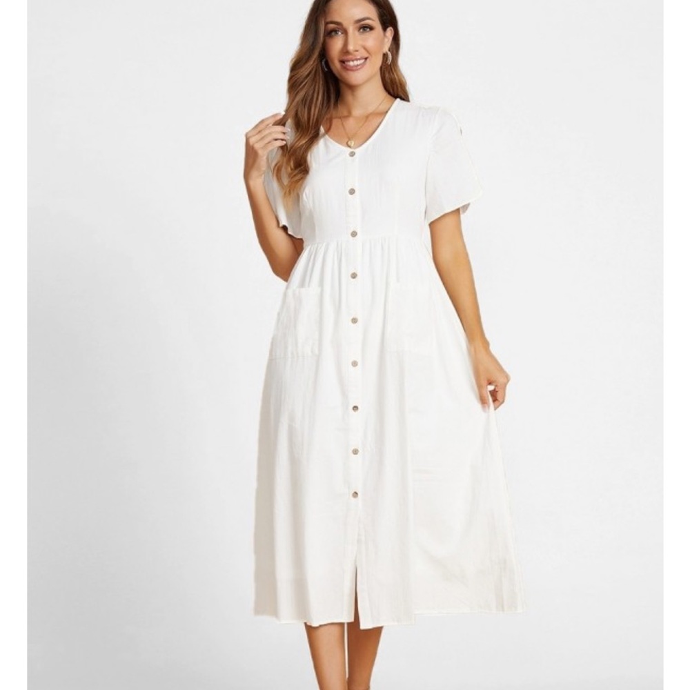 Sonoma white button down maxi dress with Swiss dot details